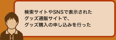 検索サイトやSNSで表示されたグッズ通販サイトで、グッズ購入の申し込みを行った